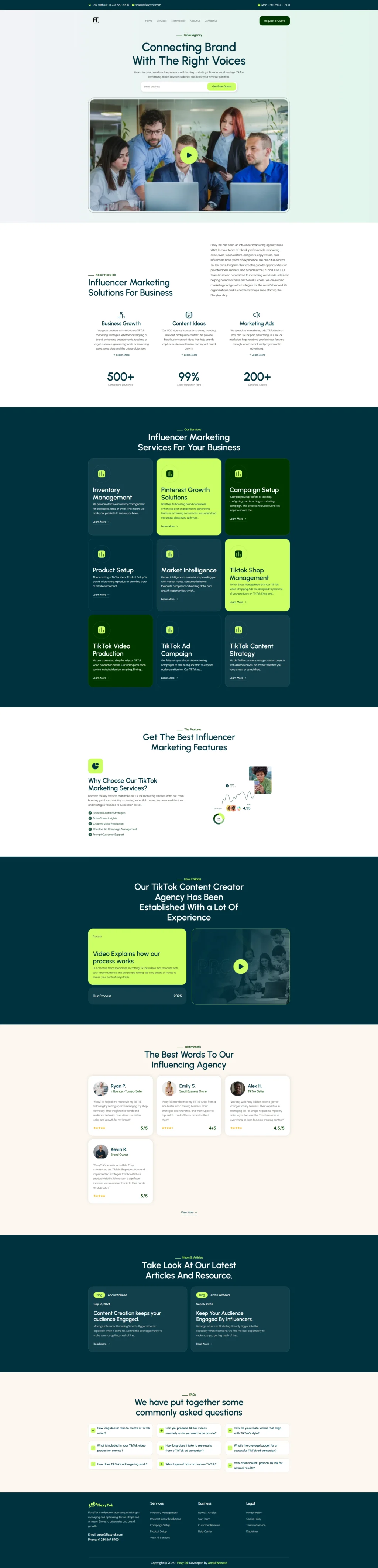 A professional website showcasing influencer marketing services, featuring testimonials and insights on content creation and business growth strategies.