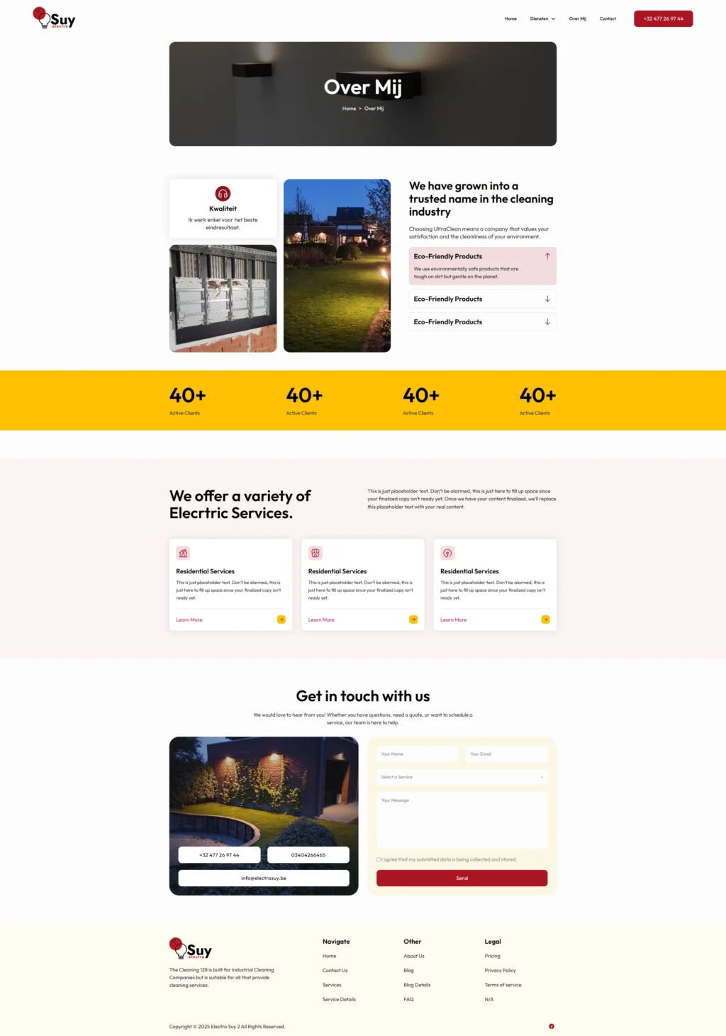A clean, modern webpage with a header reading "Over Mij." It highlights cleaning services with eco-friendly products. It includes stats and contact forms.