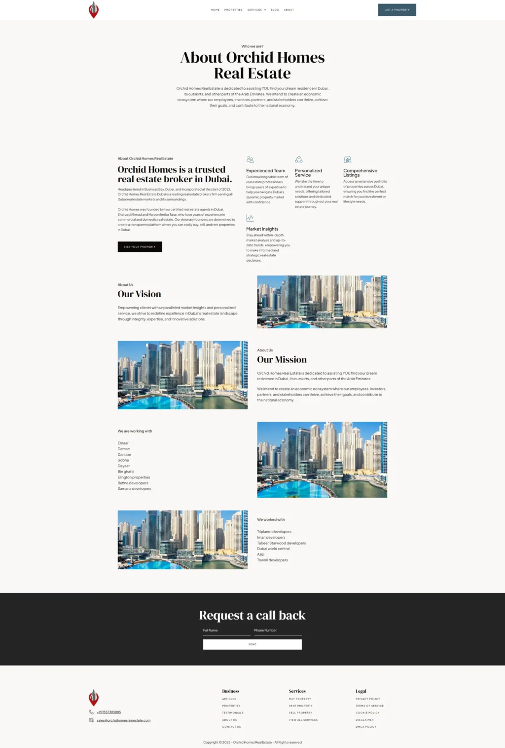 Website for Orchid Homes Real Estate features images of modern skyscrapers against a clear sky. Includes sections for vision, mission, and contact info, projecting a professional and trustworthy image.