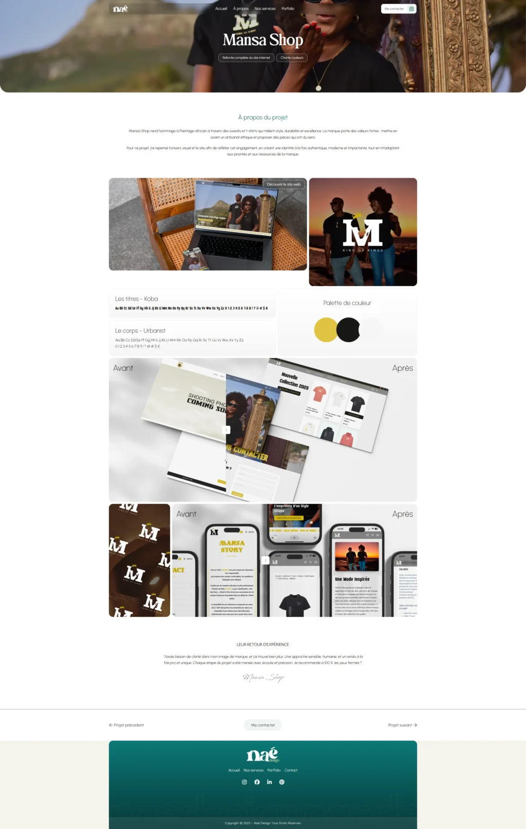 A detailed web page for "Mansa Shop" with images of people, branding materials, and mobile designs. The theme is modern with earthy tones.
