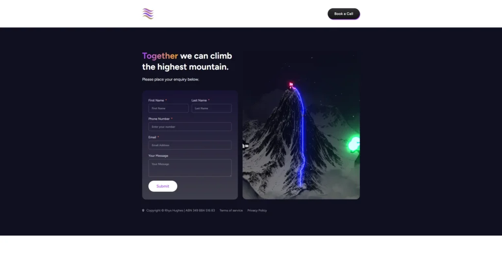 A dark-themed webpage with the text "Together we can climb the highest mountain." Features a contact form on the left and a stylized mountain with neon lights on the right.