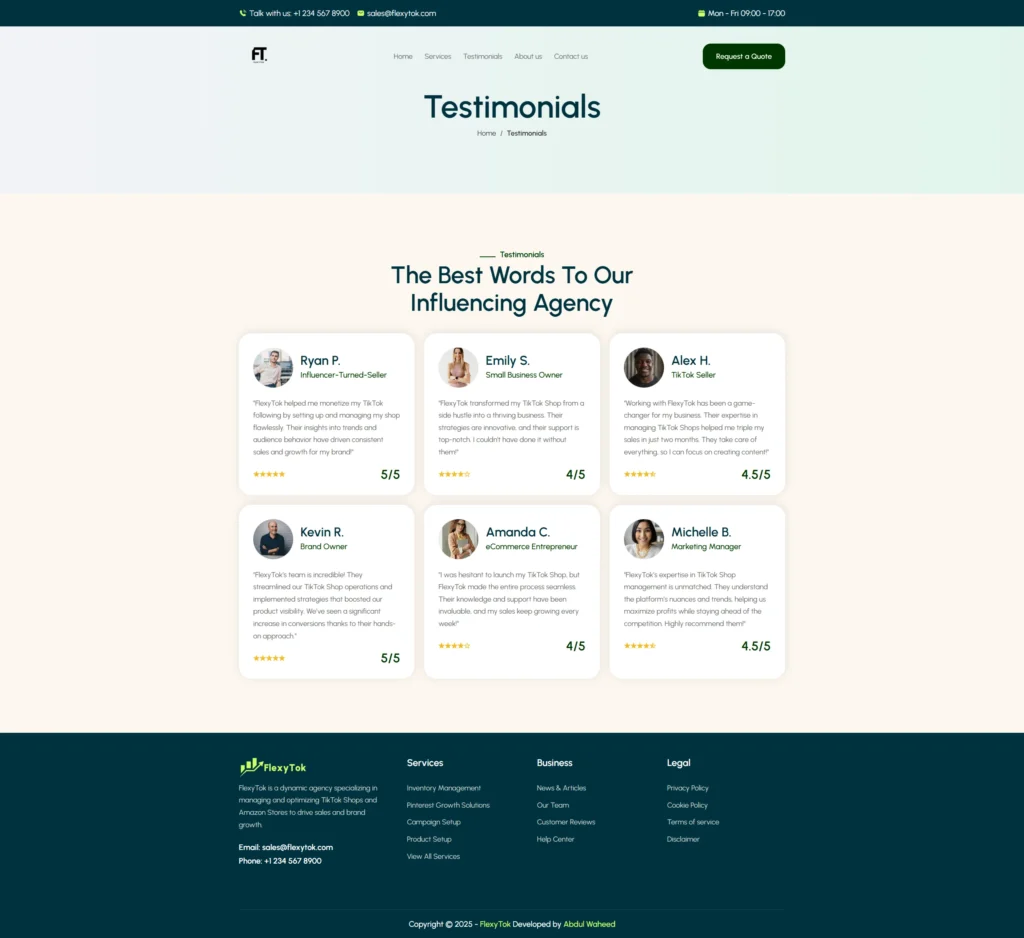 A webpage titled "Testimonials" showcases six client reviews for an influencing agency, FlexyTek. Each review features a profile picture, name, and role of the reviewer, with ratings ranging from 4 to 5 stars. The design conveys professionalism and trust, with the agency’s contact info and services listed at the bottom.