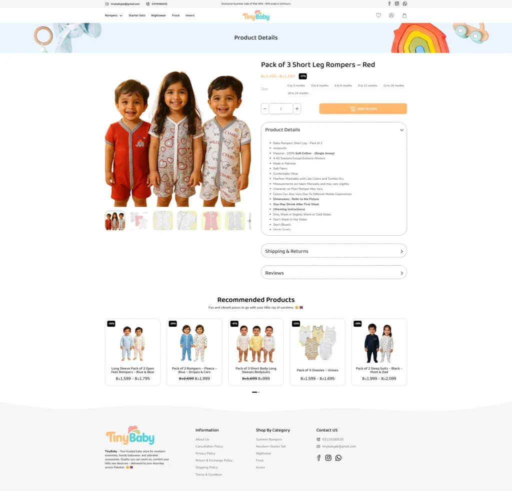 Three smiling toddlers wearing colorful short leg rompers stand side by side. Product details and additional recommendations are displayed below. The tone is cheerful and vibrant, emphasizing comfort and style for infants.