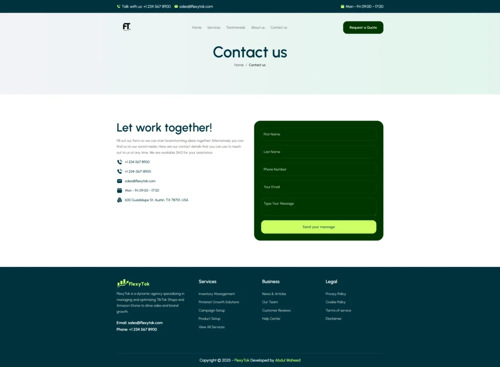 Contact us page layout featuring a form, contact details, and a call to action for collaboration with FlexyTok agency.