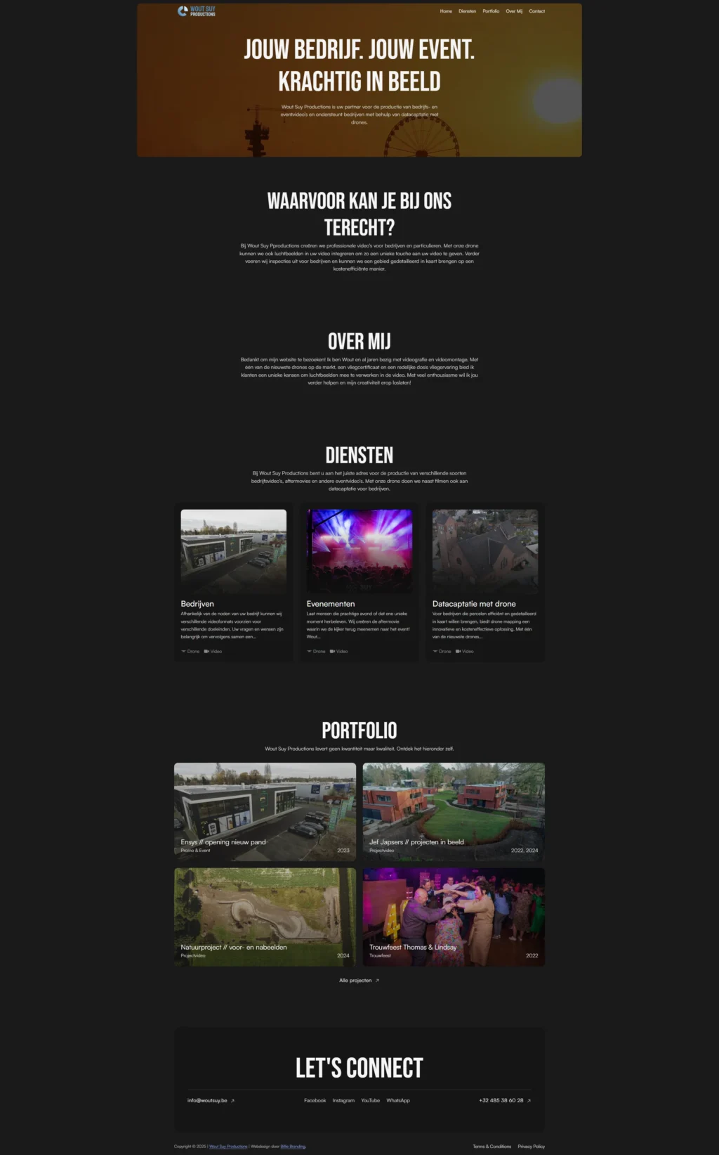 A website homepage with a dark background and white text. The header features a sunset image with a Ferris wheel silhouette. Sections include services, portfolio, and contact info. Emphasizes visual storytelling for events.