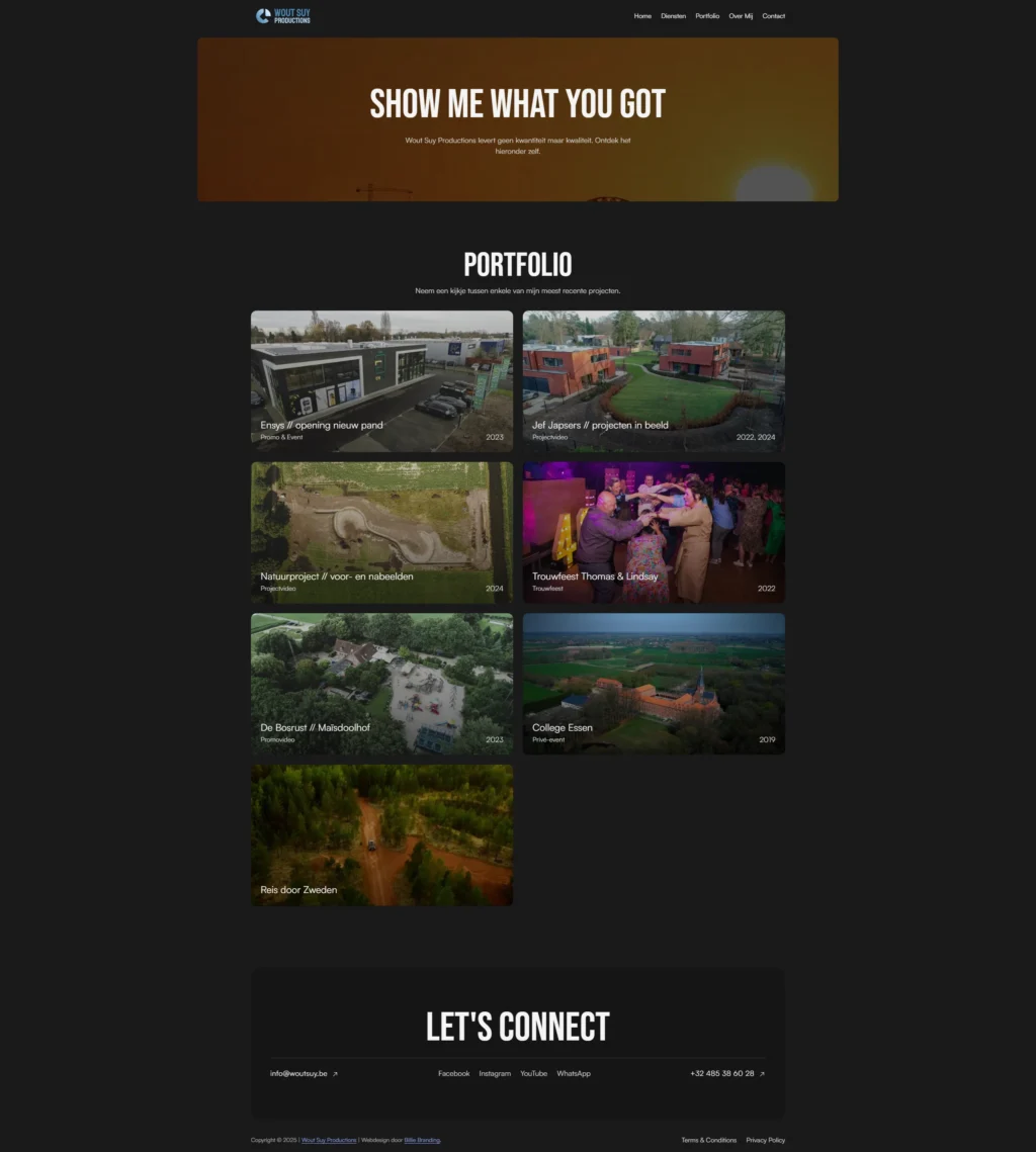 A dark-themed website shows a "Show Me What You Got" header, a portfolio section with six project thumbnails, and a "Let's Connect" footer with contact info.