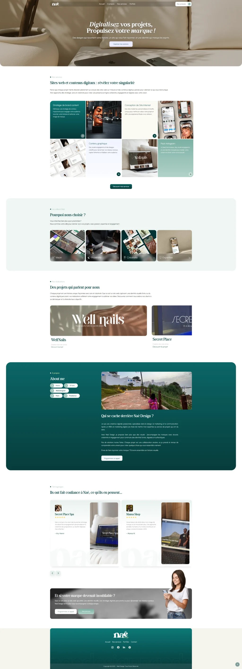 A website homepage featuring a header with a plant and notebook on a sofa. Sections include featured articles, product showcases, and customer testimonials. The design uses earthy tones and white space, conveying a calm, professional vibe.