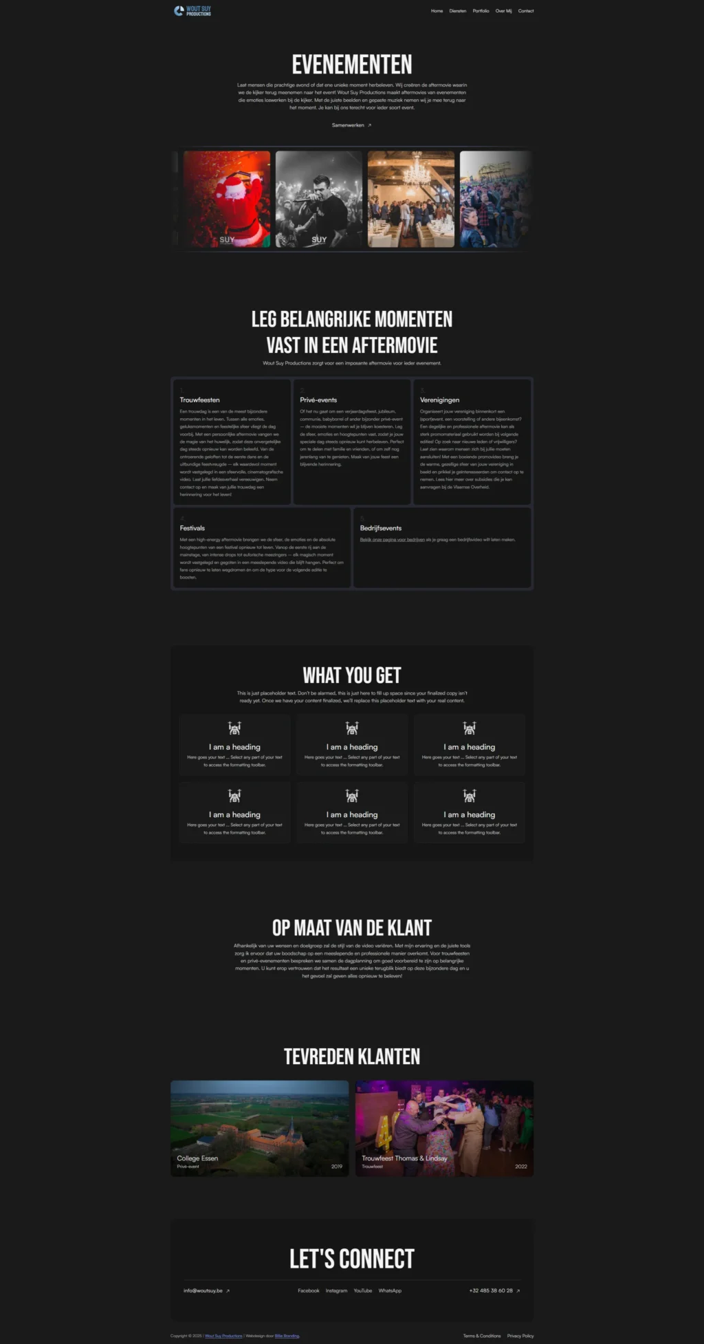 Dark-themed event website with sections for event highlights, aftermovie creation, and client benefits. Features images of concerts and gatherings.