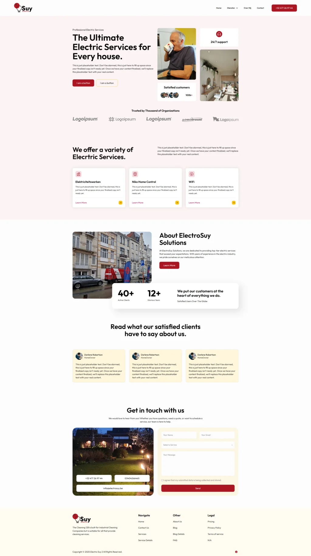 A webpage for ElectroSuy, offering electric services. Features a header with a man drinking coffee, service descriptions, client testimonials, and contact info. The tone is professional and inviting, highlighting reliability and expertise.
