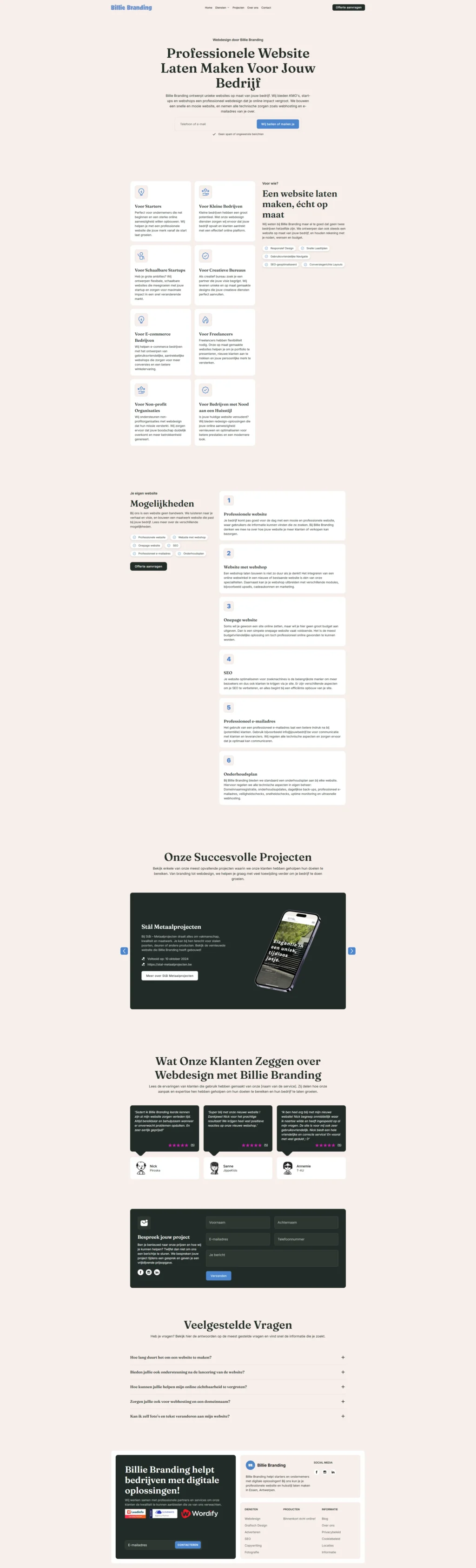 Digital design of a company website, highlighting a clean interface with sections for services, about, and contact information.