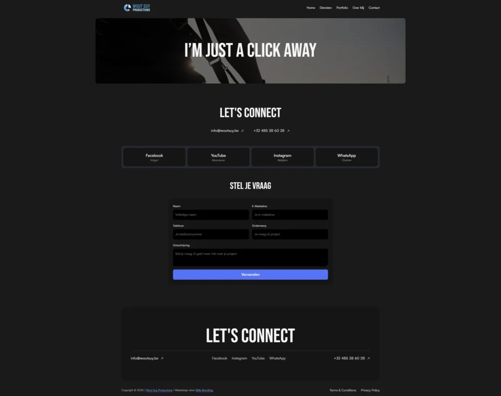 Website contact page with a dark theme. Headline reads "I’m Just a Click Away." Connect via social links or form. Professional, accessible tone.