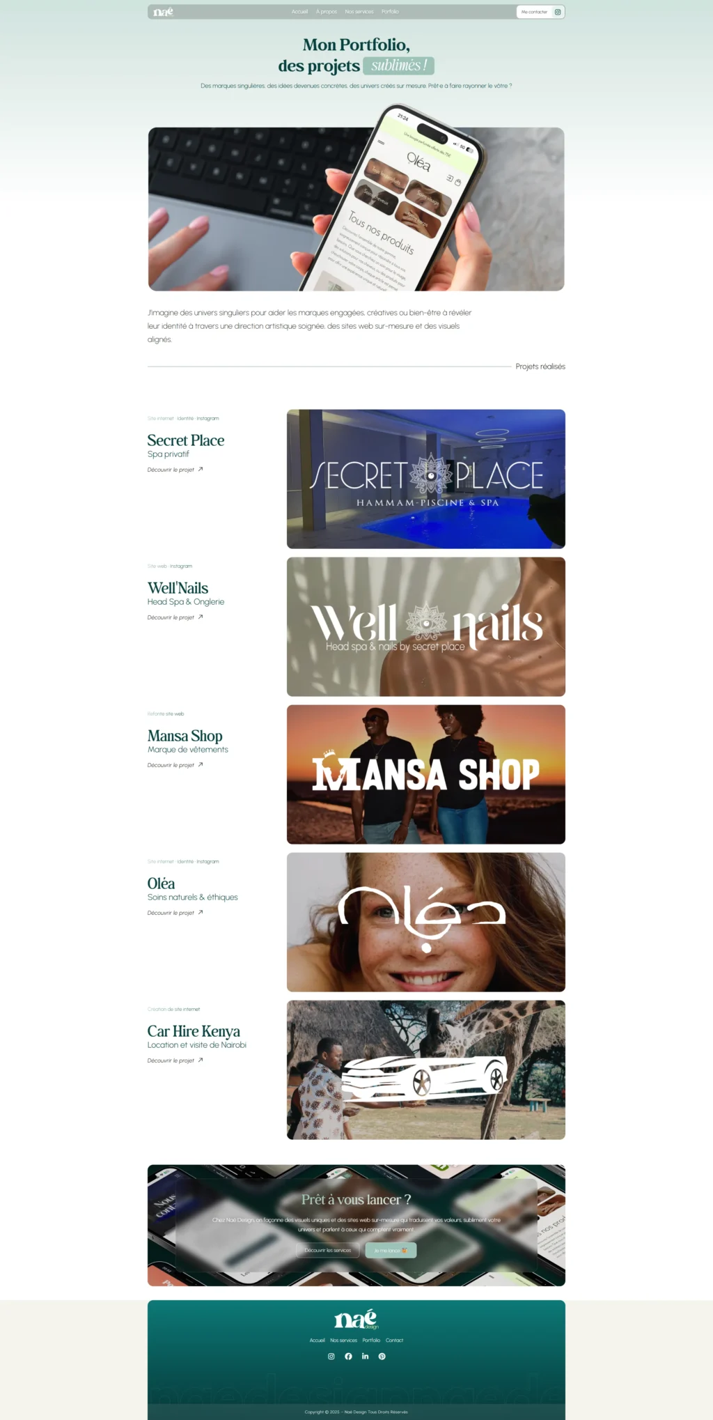 Web portfolio showcasing various projects. Includes a featured phone image displaying projects, and sections with titles such as Secret Place, WellNails, Mansa Shop, Olea, and Car Hire Kenya, each with relevant visuals. The design is clean and professional, conveying creativity and diversity.