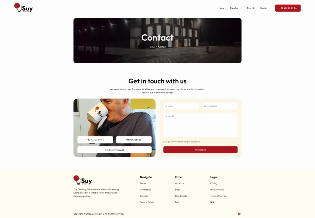 Contact page layout for Suy, featuring a dark header image of an illuminated building. Below, a man drinks from a mug beside a contact form with fields for name, email, and message. A 'Get in touch with us' prompt is visible. Footer contains navigation links.