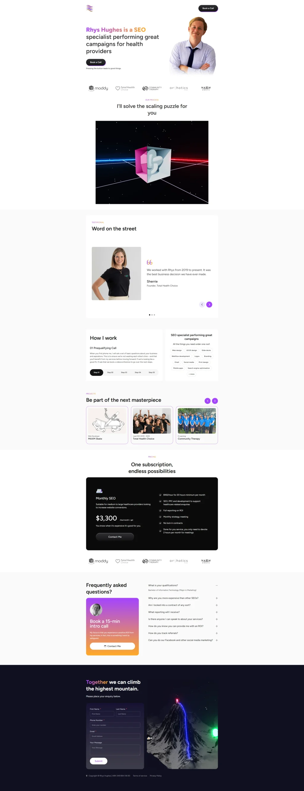 Webpage layout featuring a professional man, text about monthly income, a 3D cube image, woman with crossed arms, work stats, team photo, testimonials, and mountain night scene. The design is clean and organized with sections highlighting services, achievements, and user engagement.