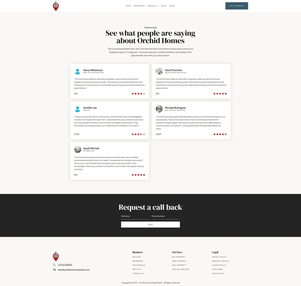 Webpage displaying testimonials for Orchid Homes. Five customer reviews are shown with star ratings on a clean, white background. The page has a sophisticated, organized layout with a section for requesting a call back at the bottom.