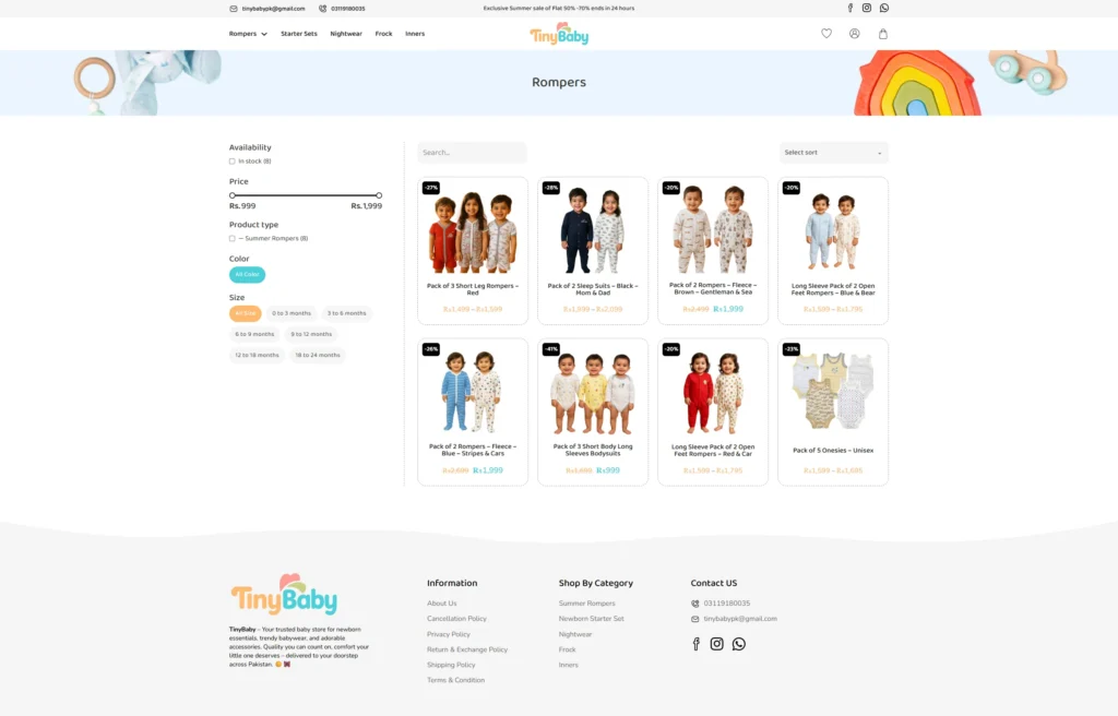 Website page showcasing baby rompers. Includes images of various romper sets, pricing, and a filter for availability, price, and color options. The tone is playful and inviting.