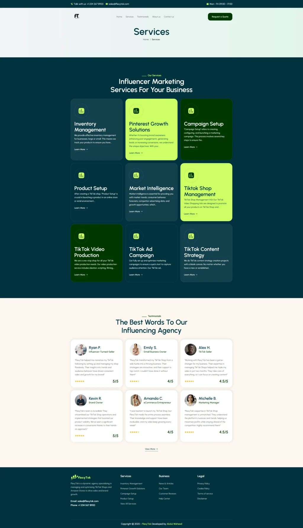 Web page showcasing influencer marketing services in a grid layout, with sections on Pinterest growth, campaign setup, and TikTok management. Below are testimonials from clients with ratings. Colors are green and blue, conveying a professional and modern tone.