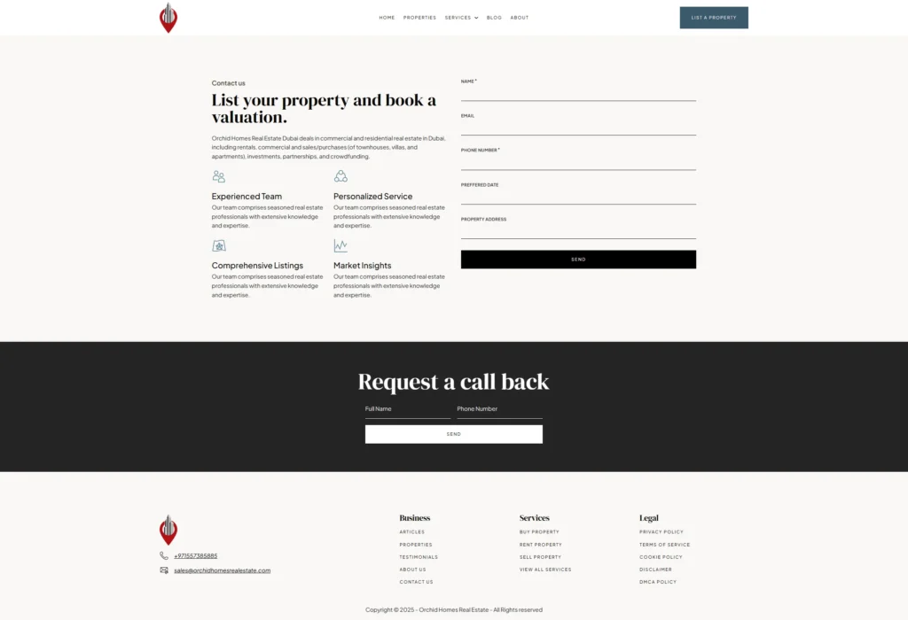 Webpage displaying services and form for Orchid Homes.
