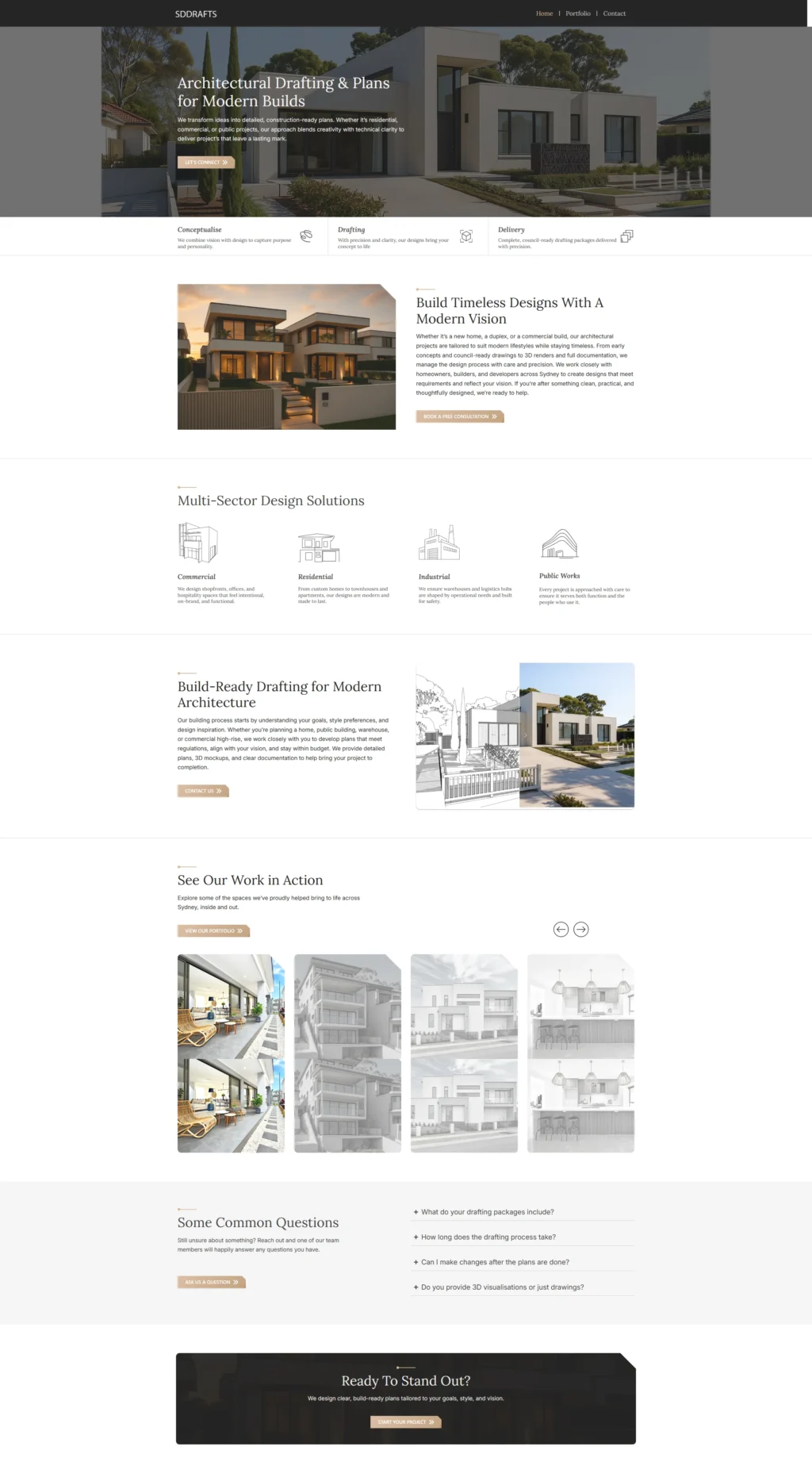 Modern architectural website features sleek design images, project highlights, and menu options. Emphasizes innovative building plans and solutions.