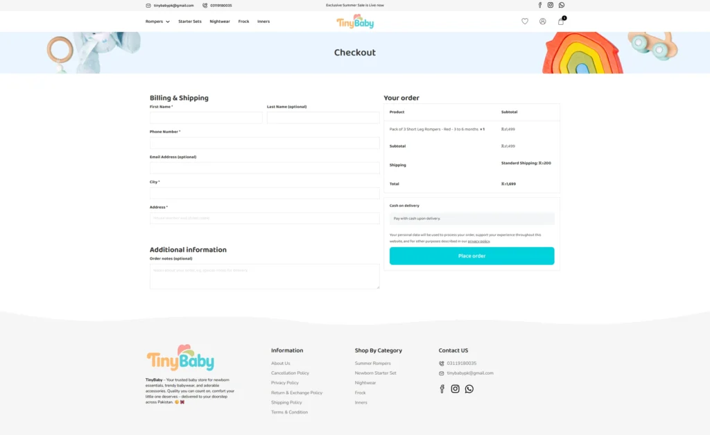 Checkout page for TinyBaby website. Left side: billing and shipping form. Right side: order summary. Top menu with logo and icons. Calm, clean design.