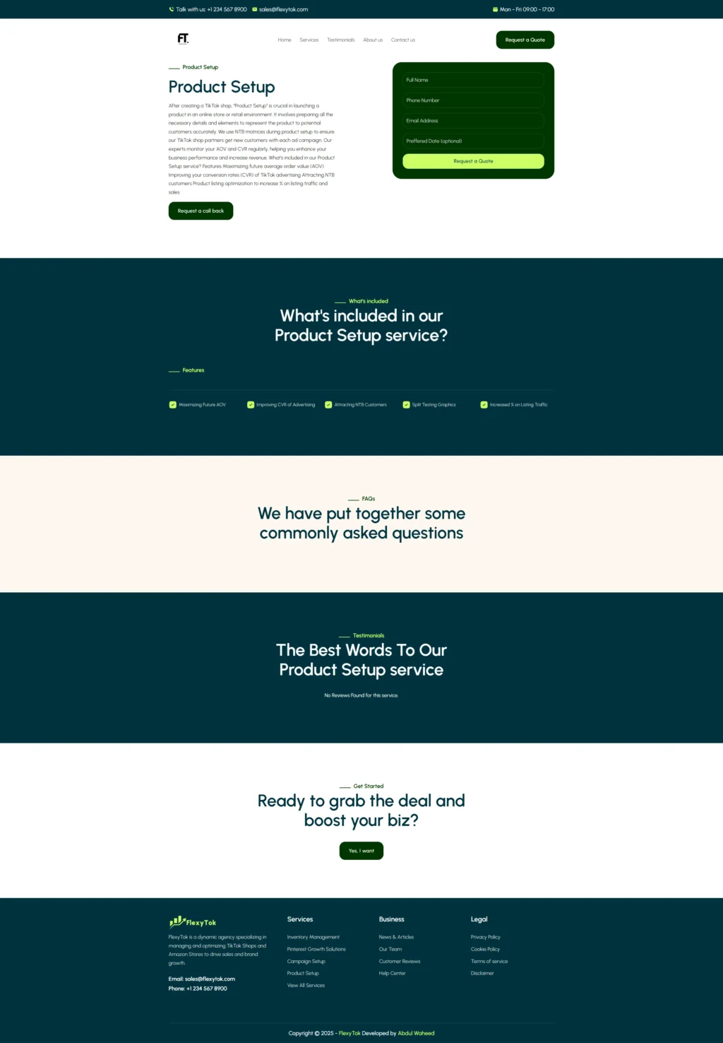 eb page for a product setup service with a sleek design. Features include service descriptions, FAQs, testimonials, and a call to action. The color scheme is green and dark blue, creating a modern and professional tone. Contact info and navigation menu visible at the top.