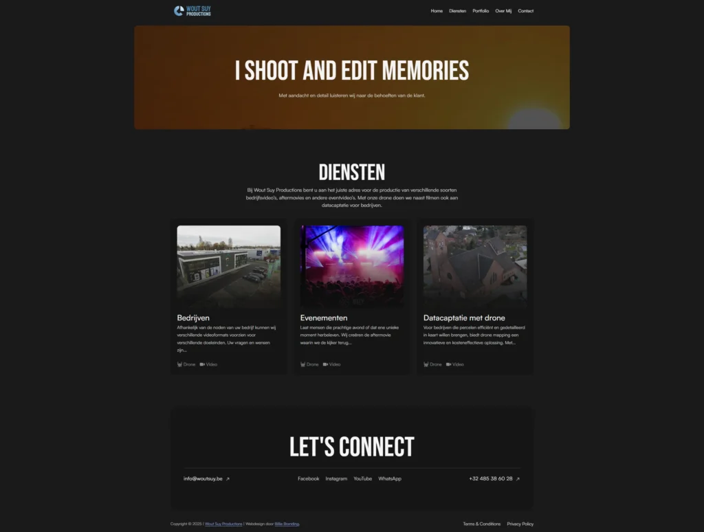 A dark-themed website featuring the tagline "I Shoot and Edit Memories" on a sunset gradient background. Services include business, events, and drone data.