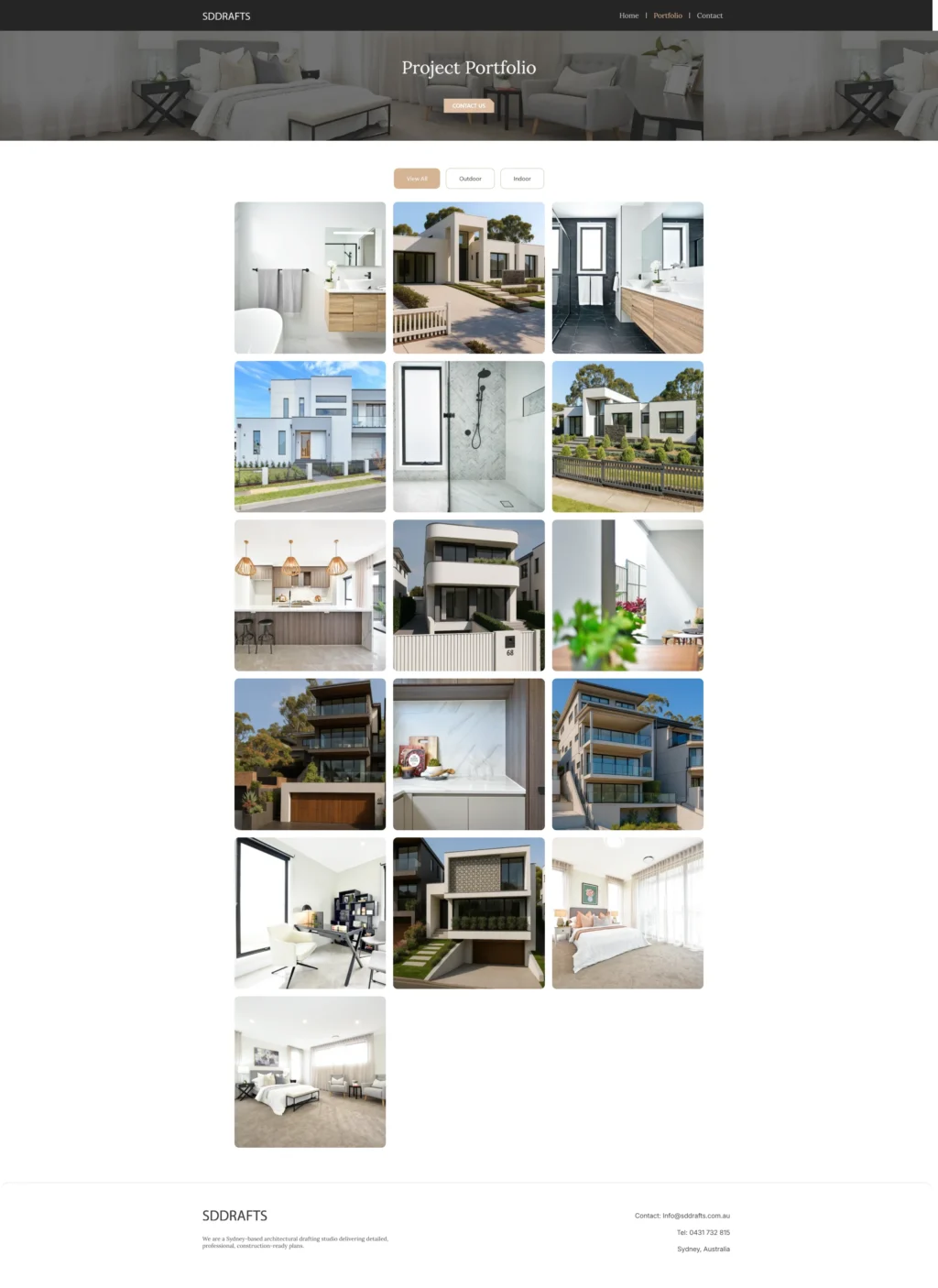 Portfolio webpage featuring a grid of modern architectural designs and interiors. Shows homes, rooms, and decor, conveying elegance and sophistication.