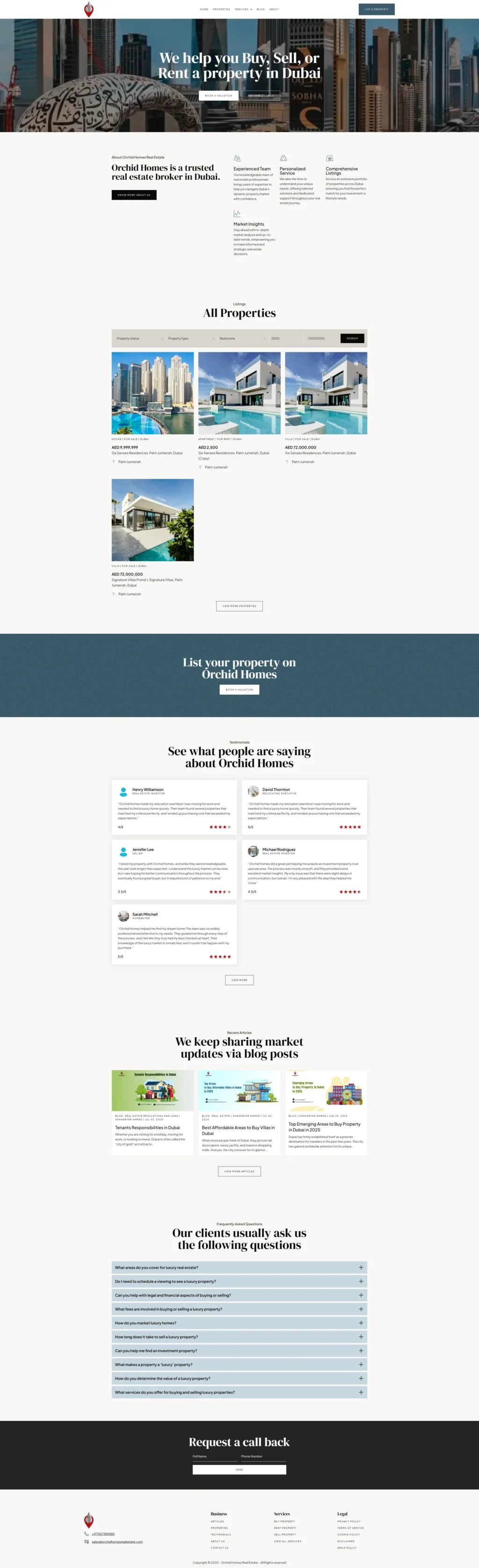 Website homepage for real estate services in Dubai, featuring city skyline, property listings with images, client testimonials, and contact details. Professional tone.