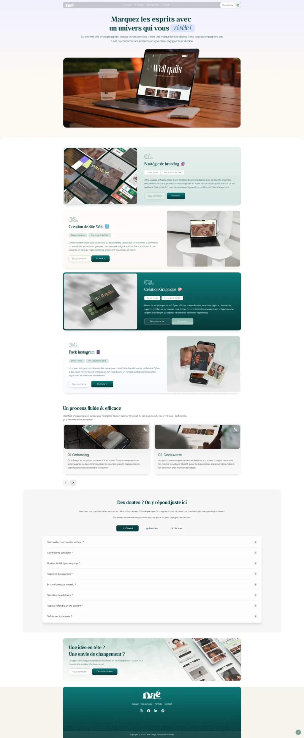 Website showcasing a clean, modern design with sections featuring a laptop, product images, and text. The layout conveys a professional and inviting tone.