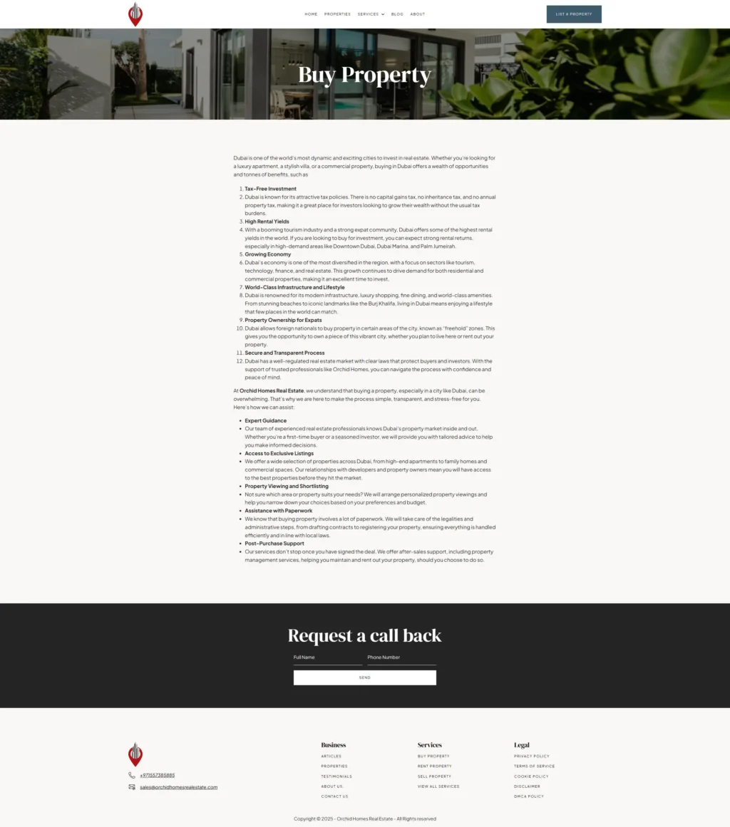 Real estate website landing page with 'Buy Property' heading, featuring a background image of modern buildings and lush greenery. Text outlines benefits of purchasing property, followed by a form titled 'Request a call back' for user contact information. Minimalist design with navigation links at the top.