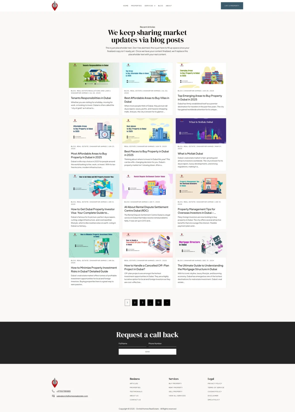 A blog page displaying a grid of colorful market update posts, each with vibrant illustrations and brief text summaries. The tone is informative and engaging.