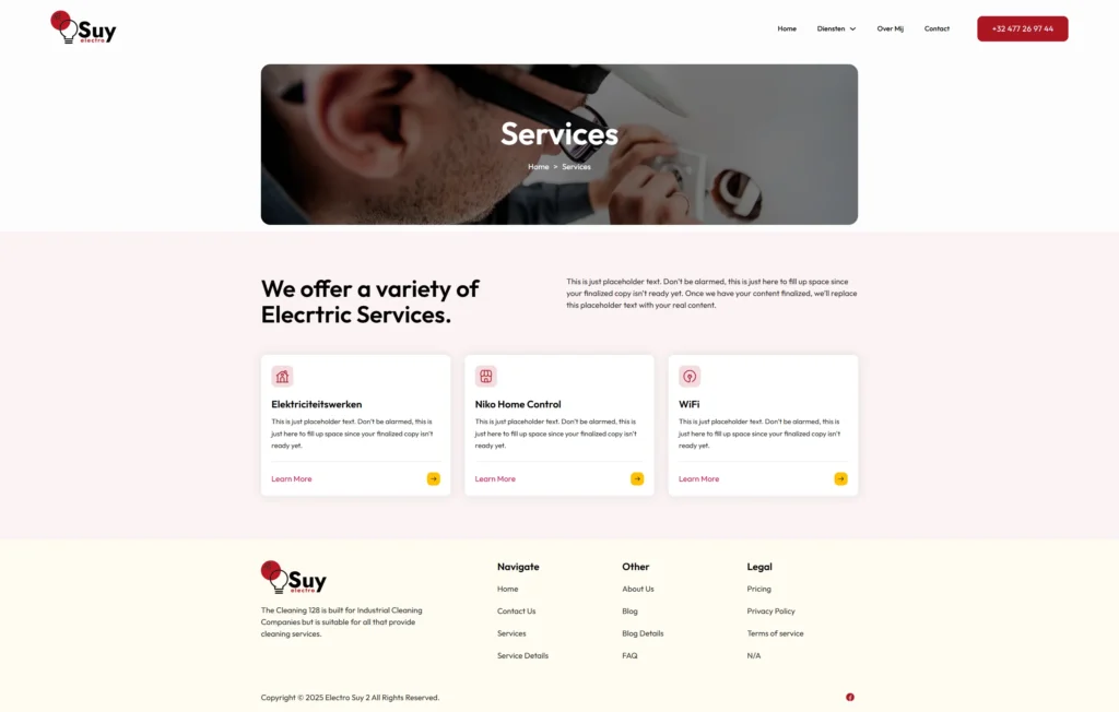 Website page showcasing electric services. Features a close-up of an electrician, service options like 'Elektriciteitswerken,' 'Niko Home Control,' and 'WiFi,' with concise descriptions and learn more links. The page conveys a professional and informative tone.