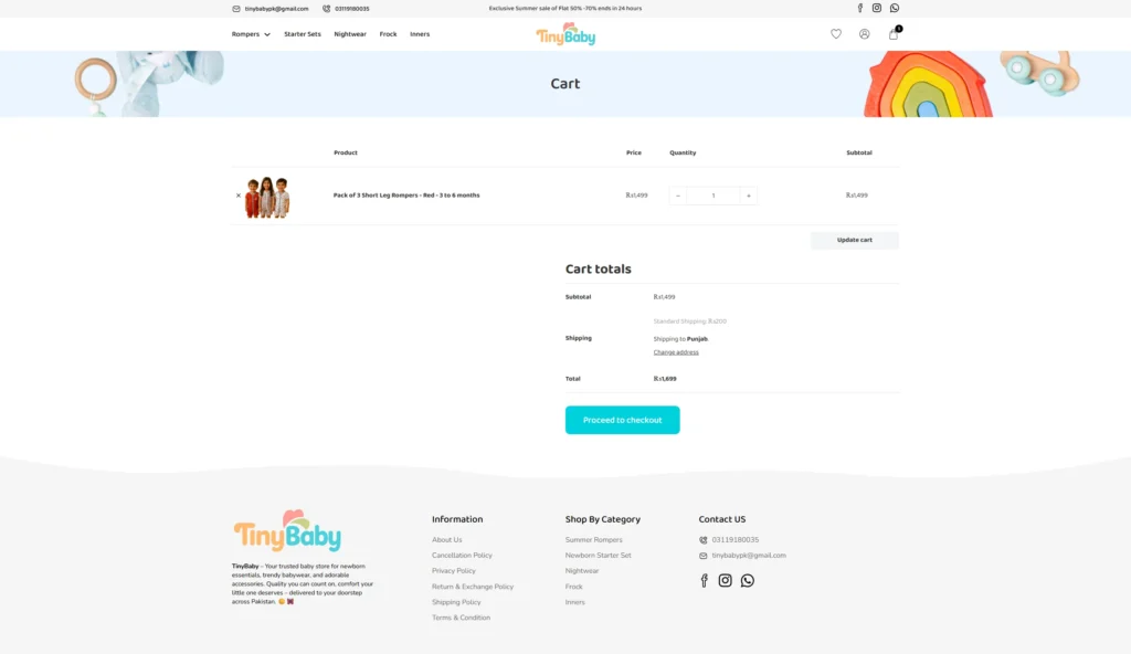 Online shopping cart page from Tiny Baby store, showing a baby romper for ages 0-18 months. Cart totals are displayed with a 'Proceed to Checkout' button.