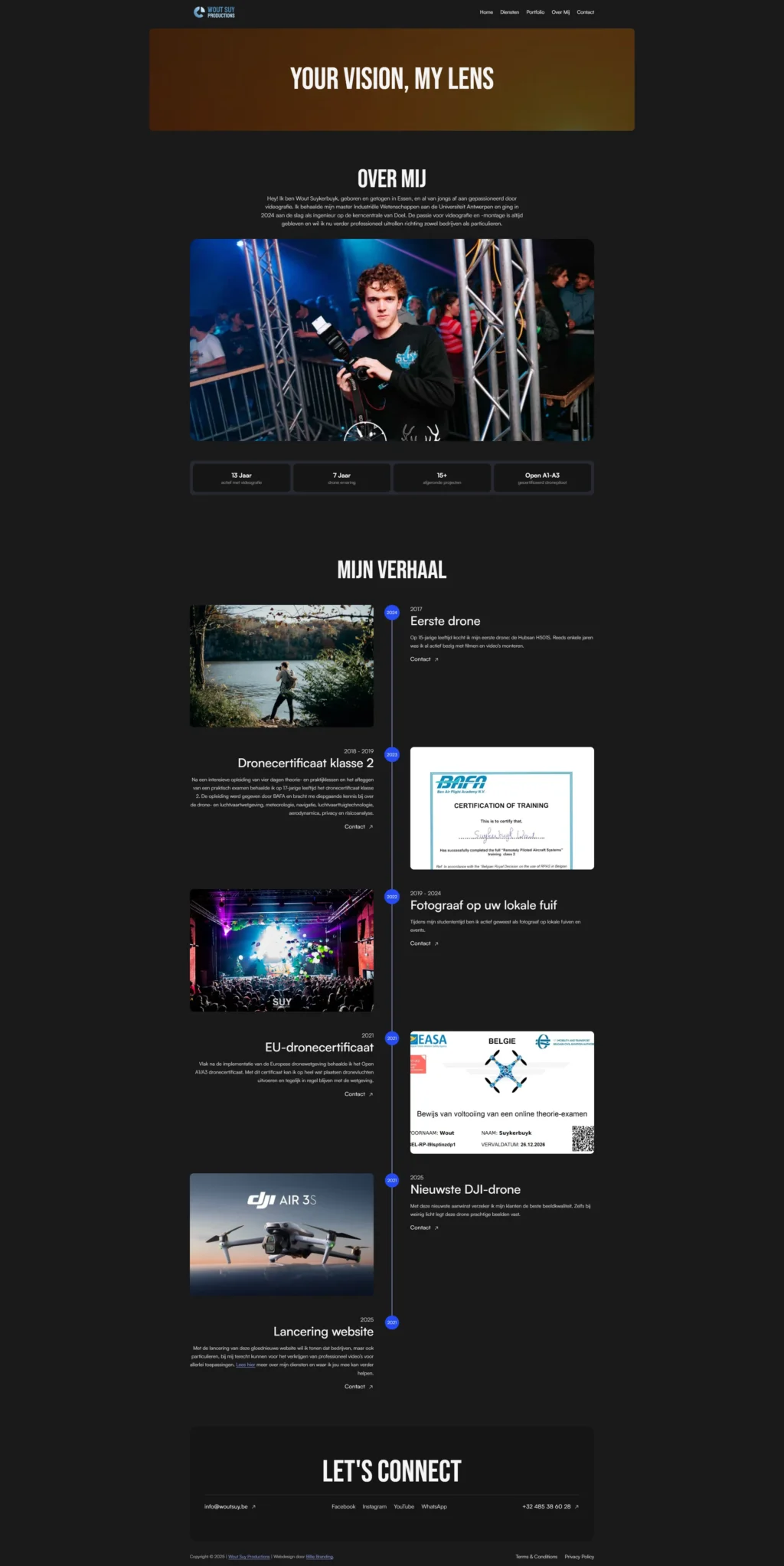 Dark-themed website featuring a male photographer holding a camera at an event with stage lighting. Sections titled 'Over Mij' and 'Mijn Verhaal' showcase blog entries with images of nature, certificates, events, and drone photography. A 'Let's Connect' section invites engagement. The site conveys a professional and creative tone.