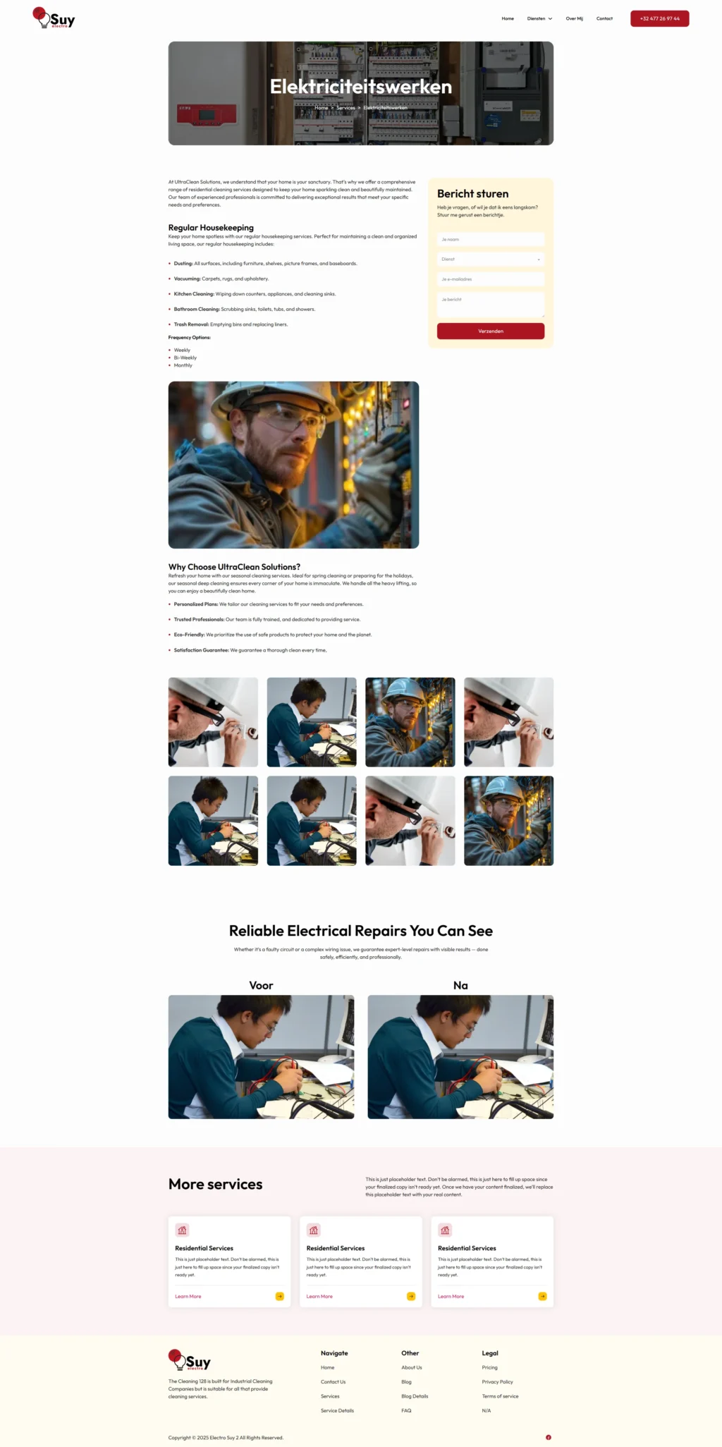 Webpage design for an electrical services company featuring a header image of electrical panels, contact form, and images of a technician at work. The page highlights various services, showcases the technician handling wiring tasks, and emphasizes reliable electrical repairs. The tone is professional and informative.