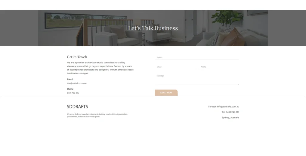 A website contact page with 'Let's Talk Business' header over a modern living room background. It includes contact details, a form for name, email, phone, and message, and a 'Send Now' button. The page also features information about a design studio's expertise in crafting visionary spaces.