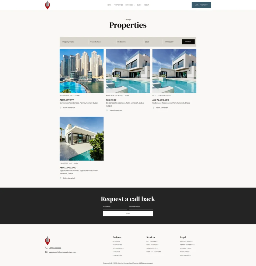 Webpage displaying properties for Orchid Homes. The page has a sophisticated, organized layout with a section for requesting a call back at the bottom.