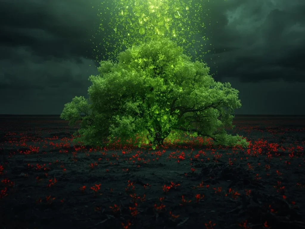Glowing Neon Lime seeds falling into a digital wasteland to grow healthy trees, symbolizing semantic clustering and AI content grouping to overwhelm poisoned data with verified authority signals.