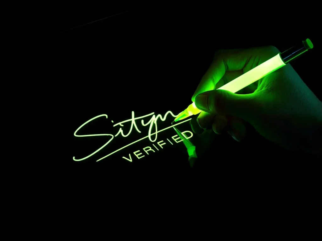 A first-person view of a hand signing "Sityn Verified" with a glowing stylus, symbolizing the use of advanced schema markup for AI to hard-code brand truth into the digital record.