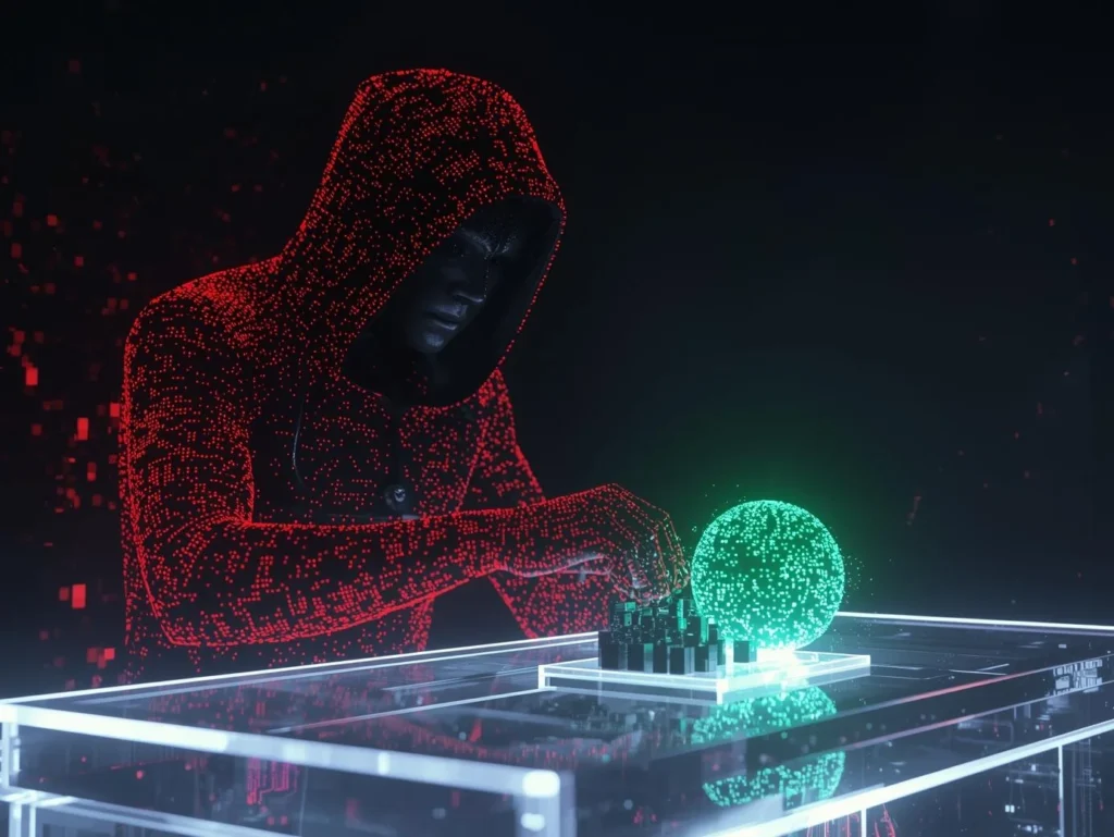 A shadowy digital figure feeding a glowing AI orb with dark cubes, representing a malicious LLM attack where model poisoning is used to manipulate generative AI outputs.