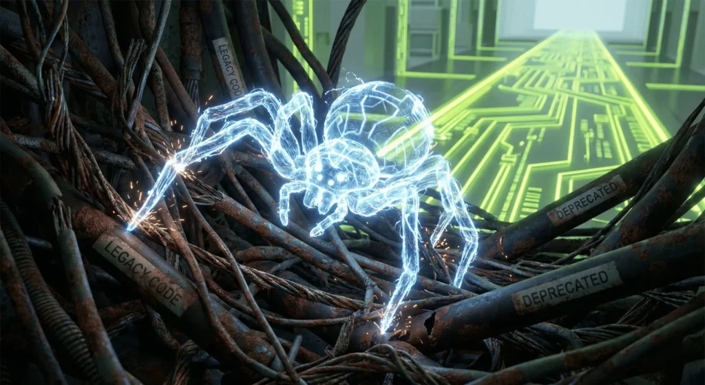 A light-based AI spider bot trapped in rusty pipes labeled legacy code, contrasting a slow site with a high-performance website that allows for seamless AI optimization and scanning.