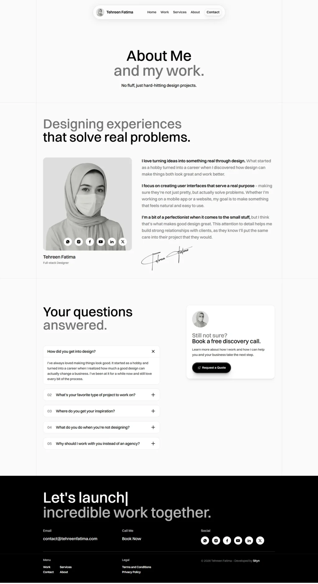 A professional profile layout for a creative lead, emphasizing brand development agency positioning and personal authority.
