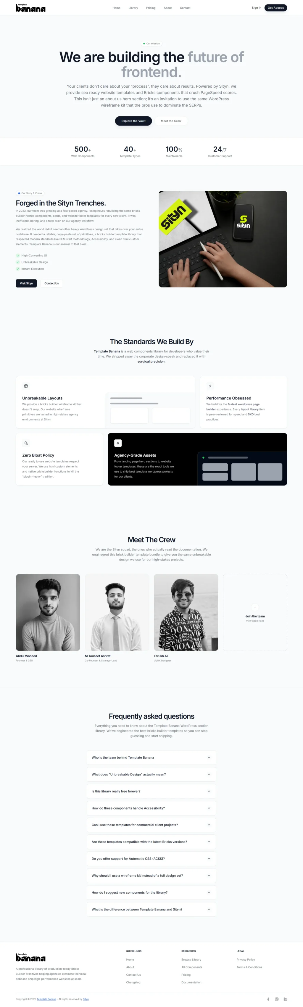 Sityn’s internal team profile for TemplateBanana, highlighting our transition from a custom website developer to an asset factory.