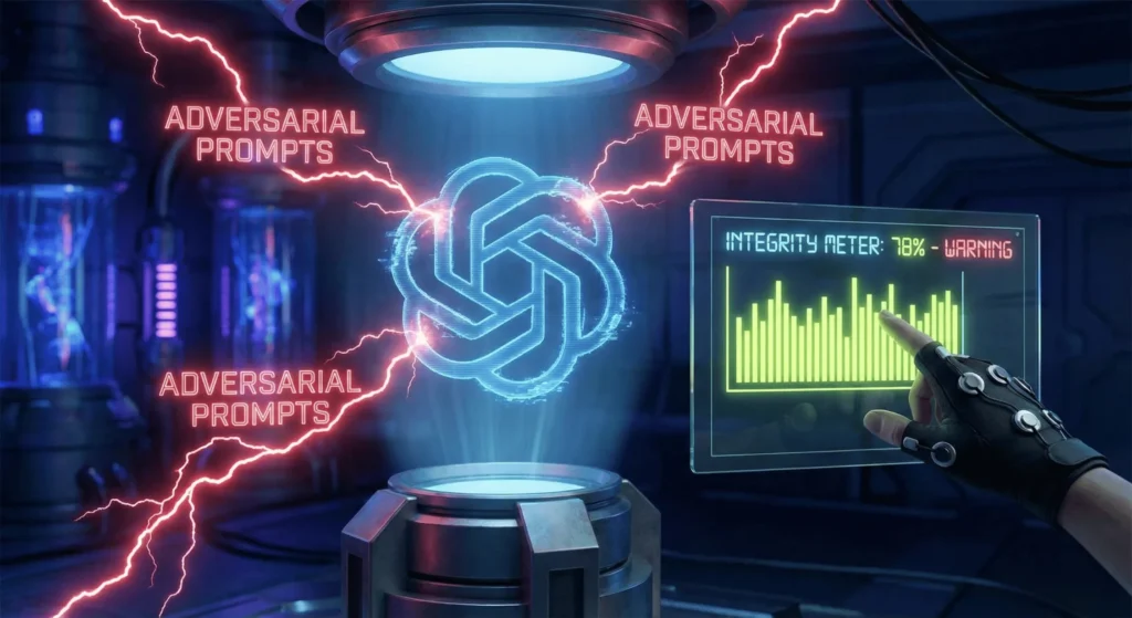 A holographic logo being hit by red lightning bolts while a technician monitors an integrity meter, depicting a Sityn Model Integrity Audit used to detect adversarial prompts and toxic AI signals.