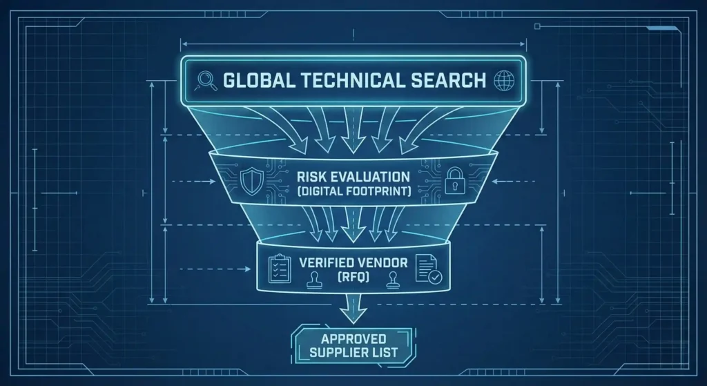 A technical funnel diagram showing the procurement vetting process from global search through risk evaluation to approved supplier list.