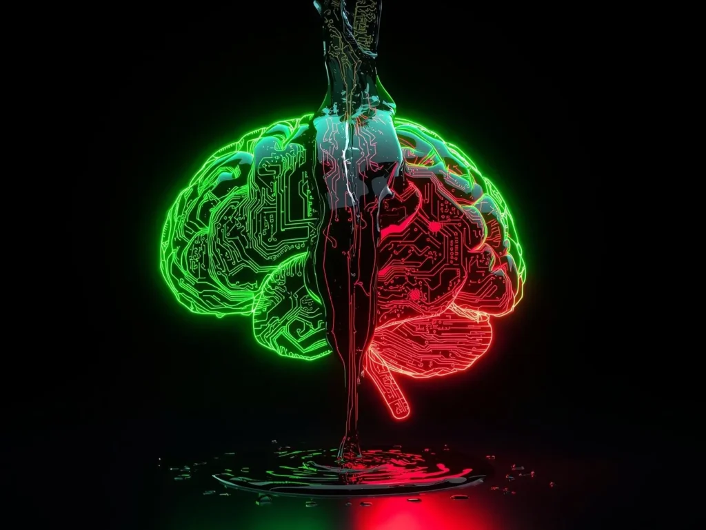 A 3D render of a human brain silhouette with Neon Lime circuits being infected by red crystalline liquid, symbolizing how AI data poisoning and data corruption defeat an AI algorithm’s logic.