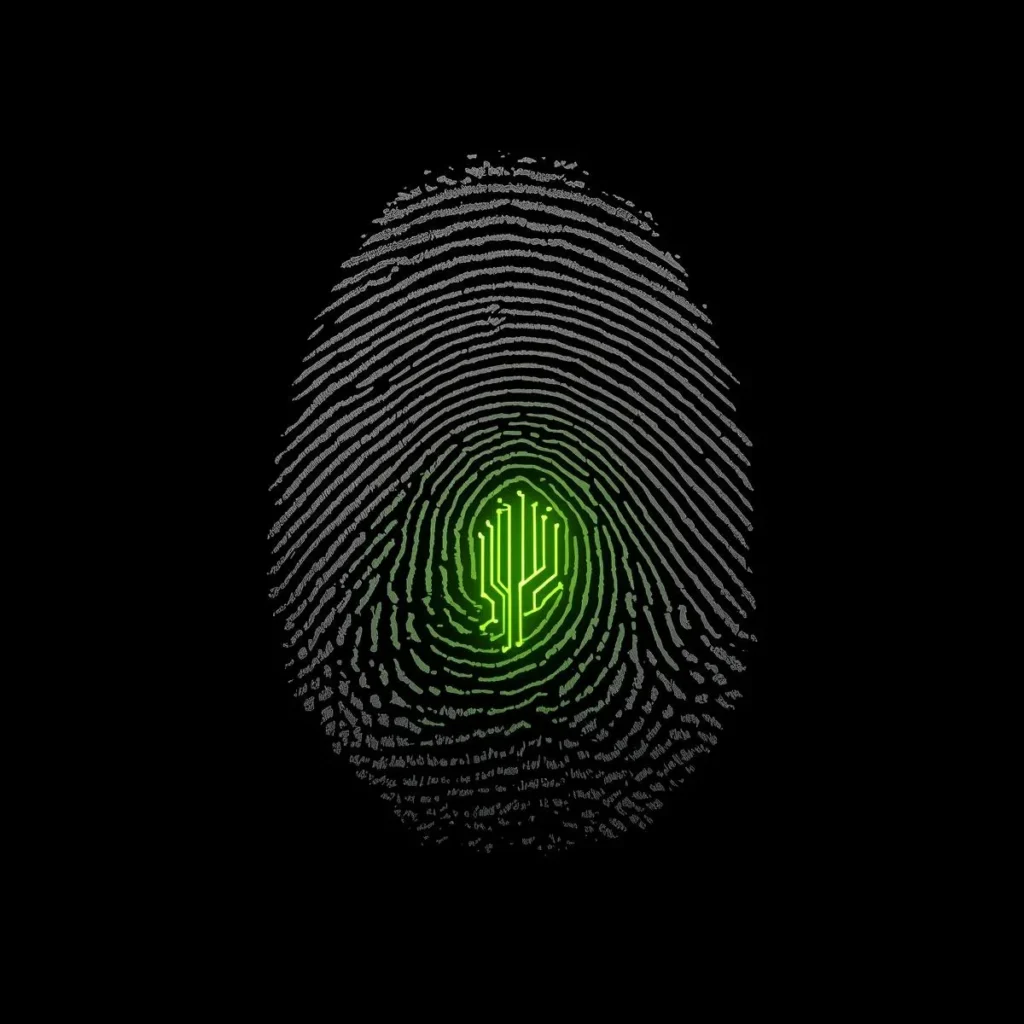 A high-contrast thumbprint with an embedded Neon Lime circuit, representing Proof of Persona and the essential trust signals required for LLM reputation management in 2026.