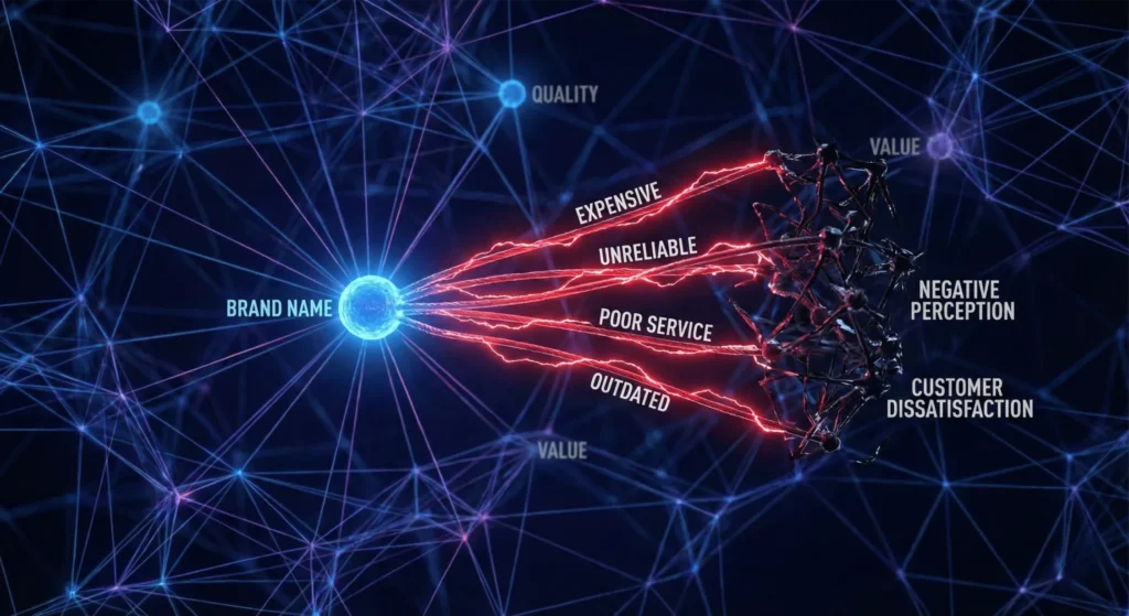 A digital visualization of a brand node in a neural network being pulled by red wires, illustrating the need for entity-based SEO to prevent negative associations in an AI's knowledge graph.