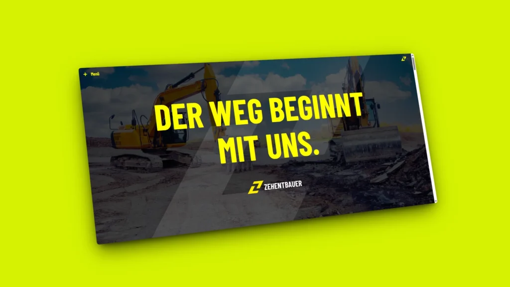 A high-performance industrial website development hero section for Zehentbauer, featuring sharp typography and engineering web design for heavy construction.