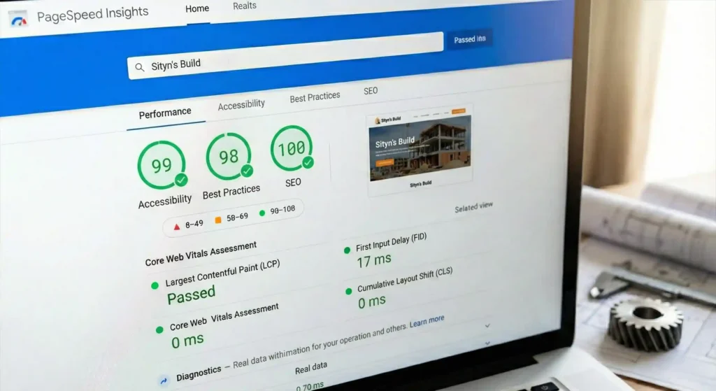 A laptop screen showing Google PageSpeed Insights results for a Sityn build with perfect scores in Performance, Accessibility, and SEO.